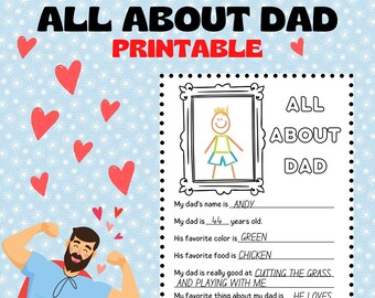 Afdrukbaar All About Dad, vul de lege plekken in, Vaderdagcadeau (pdf)