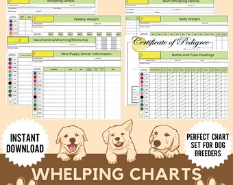 May include: Printable dog whelping charts for breeders. The charts include sections for weekly weight, daily weight, vaccinations, worming, microchip, new puppy owner information, certificate of pedigree, and bottle and tube feedings. The charts are designed to help breeders keep track of their puppies' progress.