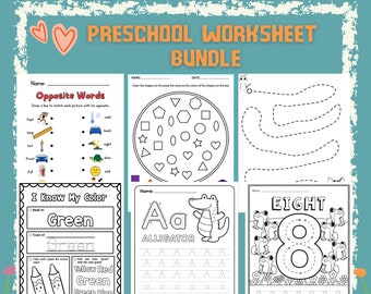 May include: A set of printable preschool worksheets for children. The worksheets include activities such as matching opposite words, tracing letters and numbers, and colouring shapes. The worksheets are black and white and feature fun illustrations.