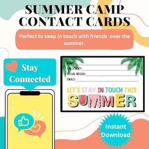 Cartões de contato de verão coloridos para impressão - Cartões telefônicos para datas de jogo para crianças