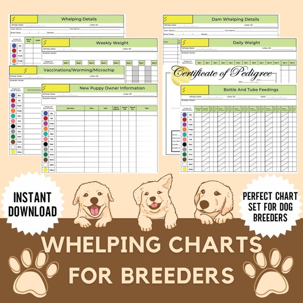 Whelping Charts, Certificate Of Pedigree, Breeder Bundle, Breeder Forms, Pet Health Record, Vaccination Records, Weight Chart, Dog Breeder