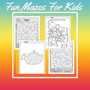 May include: Four black and white maze puzzles for kids. The mazes feature a boat, a girl going to camp, a fish, and a star. The title of the page is "Fun Mazes For Kids".