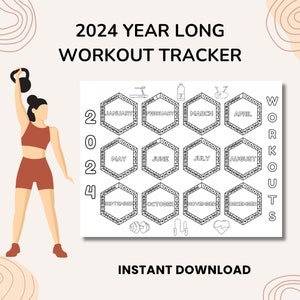 May include: A printable 2024 workout tracker with a black and white design. The tracker is divided into 12 hexagonal sections, one for each month of the year. Each section has a calendar grid with 31 days and a space for a workout icon. The tracker also includes a side bar with the word "WORKOUTS" written vertically.