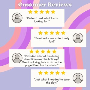 May include: Customer reviews for a coloring book with five-star ratings. The reviews highlight the fun and engaging nature of the book, suitable for both children and adults. One review mentions using the book for family fun, while another describes it as a great way to spend downtime during the holidays.