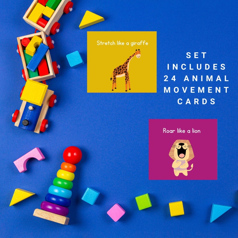 May include: A set of 24 animal movement cards for kids. The cards feature colorful illustrations of animals and instructions like "Stretch like a giraffe" and "Roar like a lion". The cards are perfect for encouraging movement and learning about animals.
