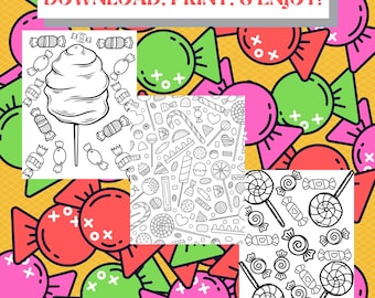 Disegni da colorare di caramelle, dolci e dolcetti, attività per bambini (PDF stampabile)