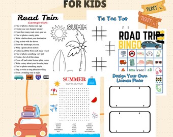May include: A printable activity bundle for kids featuring road trip themed games and activities. The bundle includes a scavenger hunt, tic-tac-toe, bingo, a word search, and a design your own license plate activity. The games are black and white and feature images of a car, a suitcase, a hat, sunglasses, a road sign, and headphones.