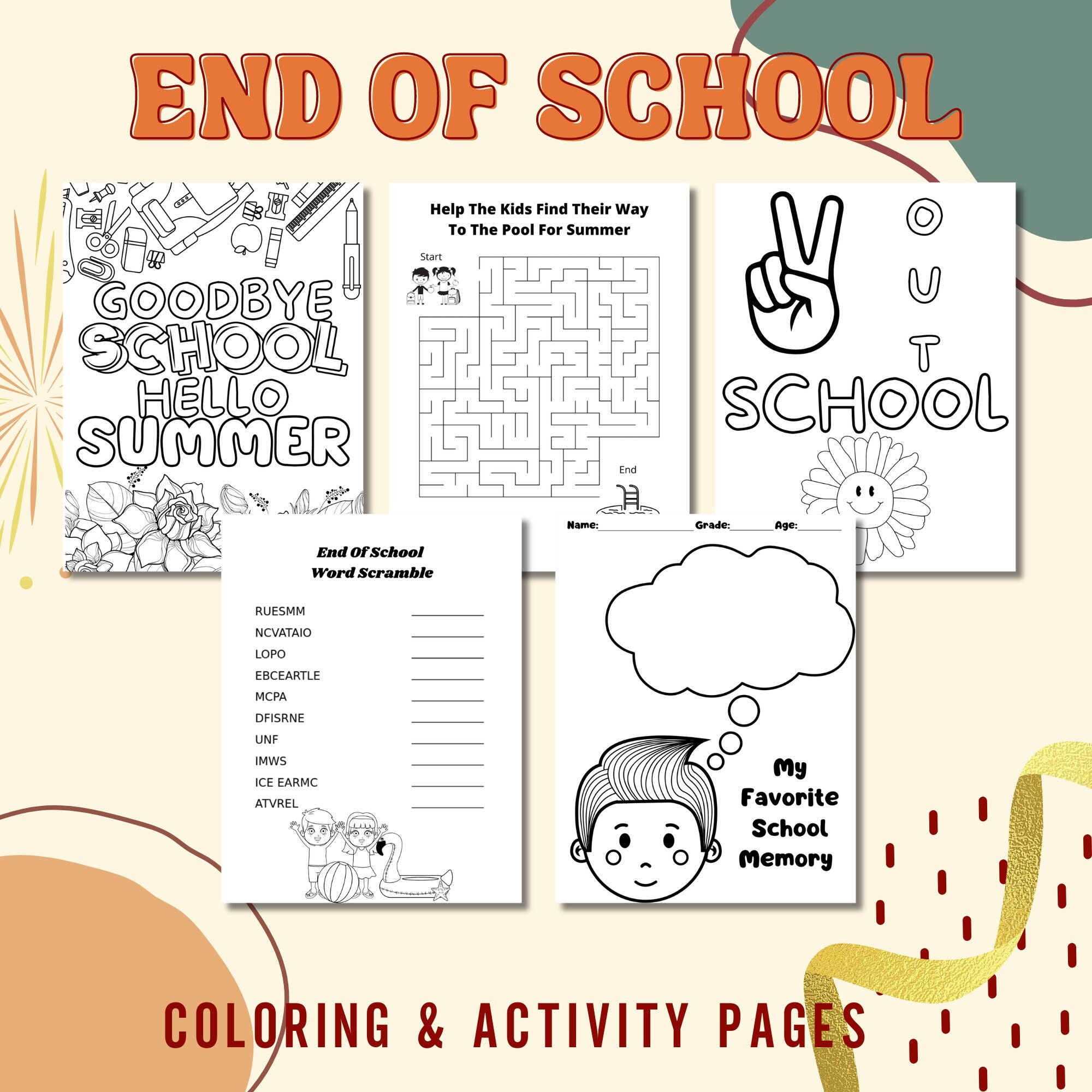 End of School Coloring Pages: Student Activity Bundle (PDF Download) - Etsy, image size:2000x2000