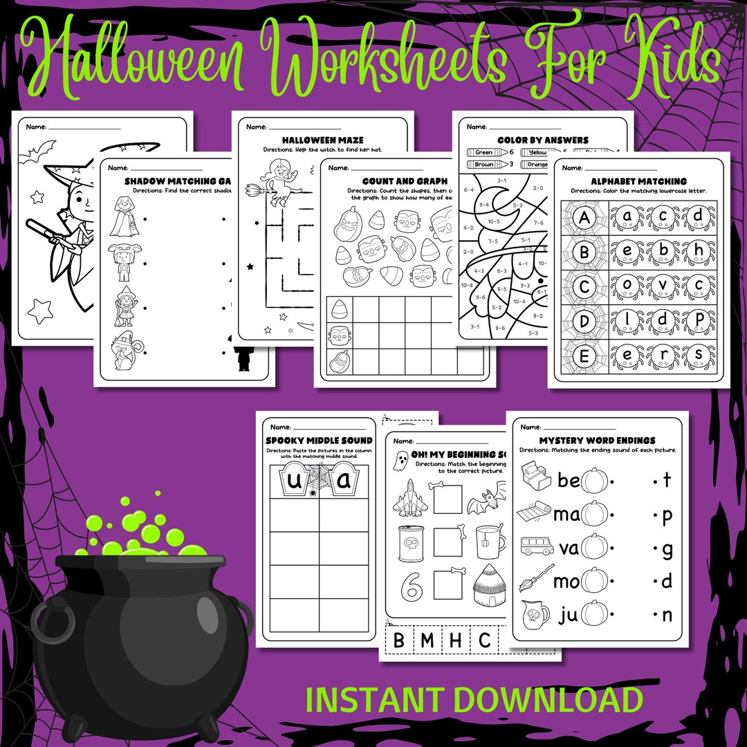 Hojas de trabajo de Halloween: Matemáticas, Emparejamiento, Laberintos  (Descarga digital), image size:1080x1080