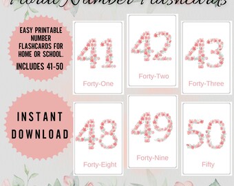 Tarjetas de conteo con flores del 41 al 50: Tarjetas Montessori (PDF)