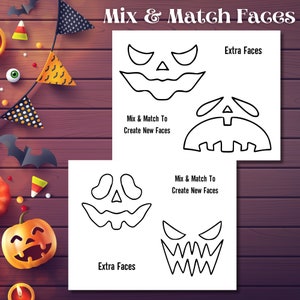 May include: Black and white printable Halloween craft activity with instructions to mix and match different jack-o-lantern face parts to create new faces.  The printable includes a variety of eyes, noses, mouths, and eyebrows.