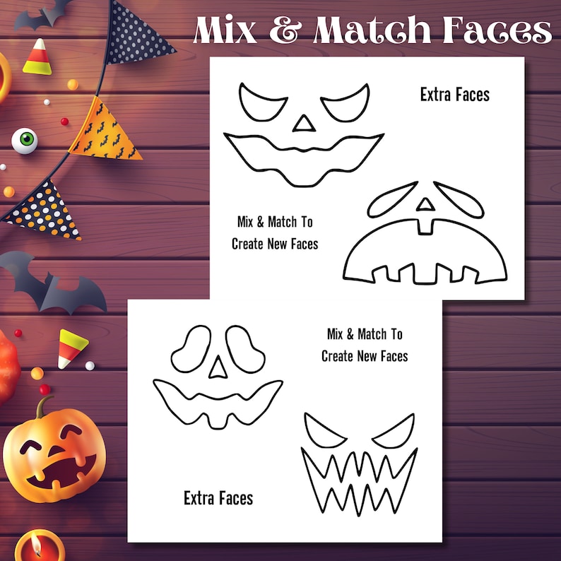 May include: Black and white printable Halloween craft activity with instructions to mix and match different jack-o-lantern face parts to create new faces.  The printable includes a variety of eyes, noses, mouths, and eyebrows.
