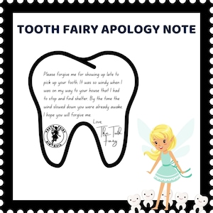 Mini Fada do Dente Desculpe-me pelo Atraso, Carta de Desculpas da Fada do Dente, Carta de Fada do Dente Esqueceu de Vir para Imprimir, Fada do Dente Esqueceu, Fada do Dente Atrasada