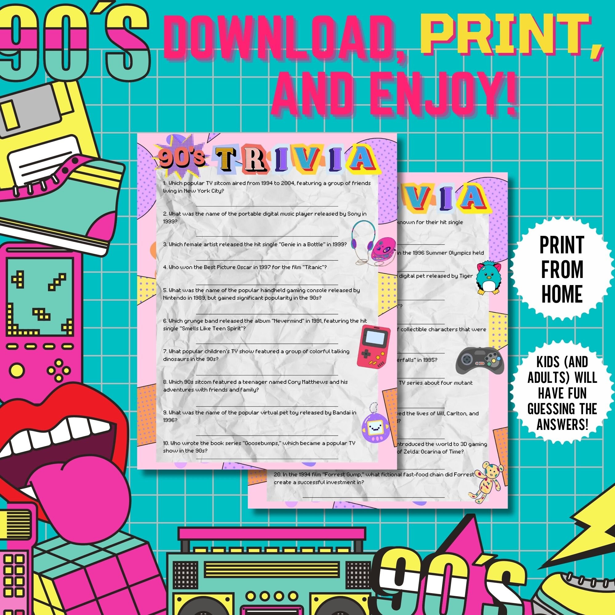 90s Trivia,1990s Party Game for Kids & Adults,90s Game Printable,trivia ...