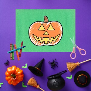 May include: A purple background with a green sheet of paper with a hand-drawn orange pumpkin with a yellow face. There are crayons, a witch's hat, a broom, a cauldron, a spider, and a small pumpkin on the purple background.