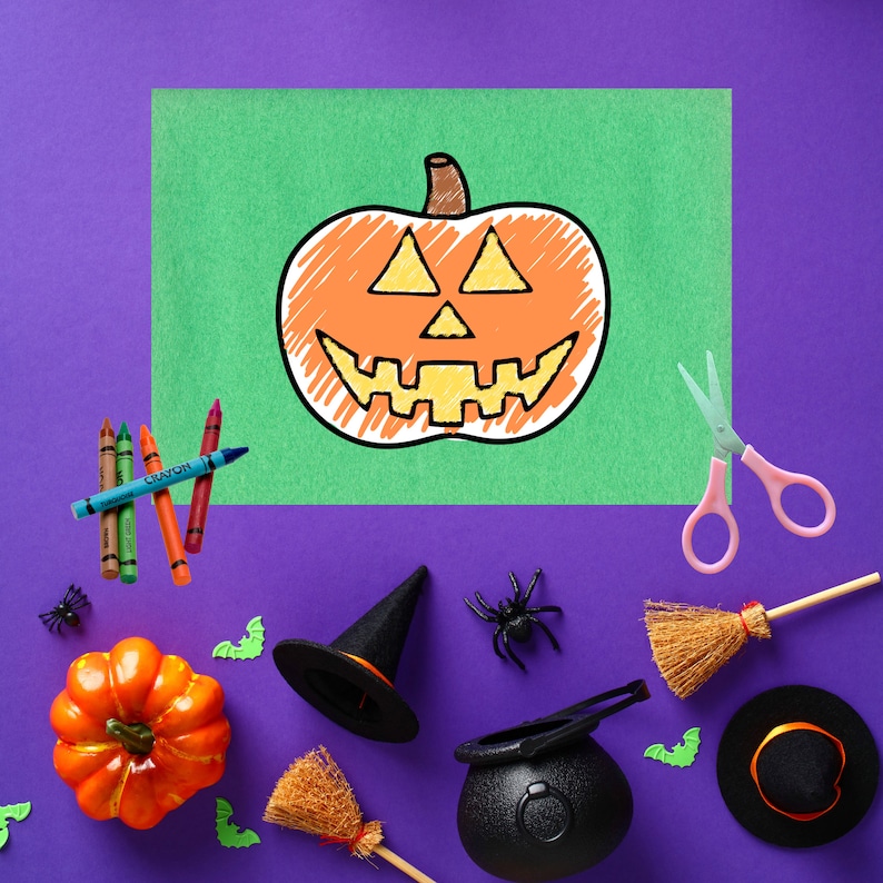 May include: A purple background with a green sheet of paper with a hand-drawn orange pumpkin with a yellow face. There are crayons, a witch's hat, a broom, a cauldron, a spider, and a small pumpkin on the purple background.