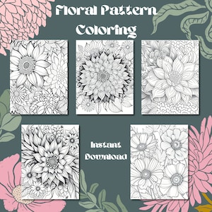 Flower Pattern Coloring Pages, Floral Pattern Coloring, Coloring Pages For Adults And Teens,Printable Coloring Page Bundle,Repeating Flowers