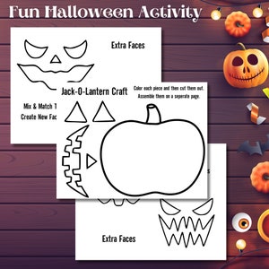 May include: A printable Halloween craft activity for kids. The black and white printable includes a pumpkin outline, a jack-o-lantern face, and extra faces to mix and match. The text on the printable reads "Fun Halloween Activity", "Jack-O-Lantern Craft", "Mix & Match To Create New Faces", "Extra Faces", and "Color each piece and then cut them out. Assemble them on a separate page."