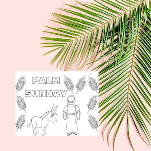 May include: A black and white printable colouring page with the text "PALM SUNDAY" and illustrations of Jesus riding a donkey and palm branches.