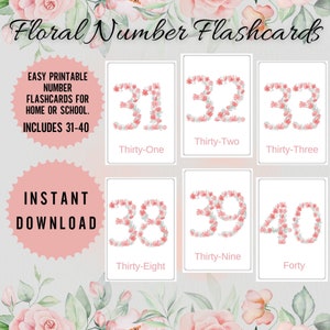 Schede flash numeriche 31-40, Schede flash numeriche 31-40, Schede flash conteggio prescolare, Riconoscimento numeri, Schede flash Montessori, Contare fino a 100, PDF