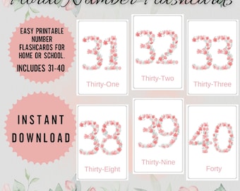 Tarjetas de números florales del 31 al 40: Conteo Montessori (PDF)