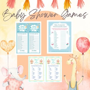 May include: Baby shower games with a watercolor theme. The image features several game sheets, including "Wishes for the New Baby," a word scramble, and a "What's in your Purse?" game. Decorative balloons and an elephant and giraffe are also included.