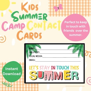Tarjeta de contacto de verano imprimible, tarjeta de contacto de verano para niños, tarjeta de llamada con fecha de juego, número de contacto, tarjetas de fin de escuela para niños, amigos del campamento