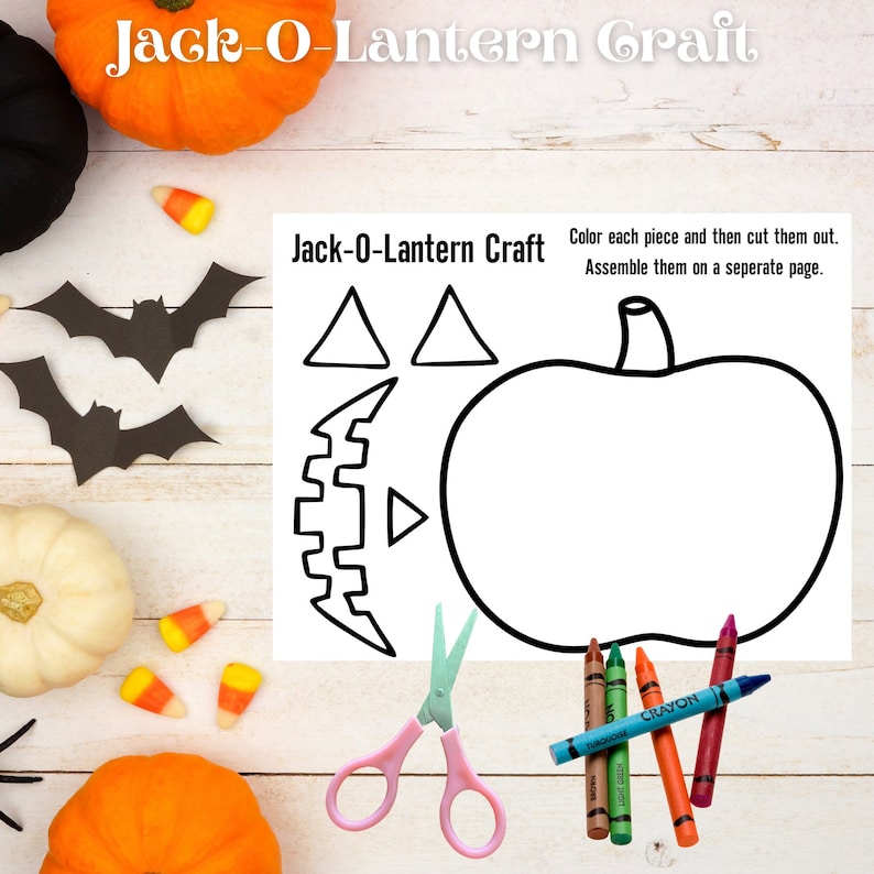 May include: A printable Jack-O-Lantern craft for kids. The craft includes a pumpkin outline, triangle eyes, a crescent-shaped mouth, and a stem. The craft also includes instructions to color each piece and cut them out, then assemble them on a separate page.