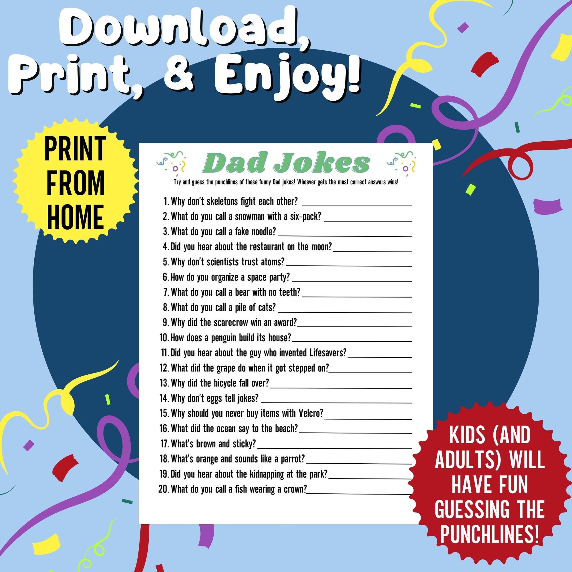 Corny Jokes, Fill in the Blank Game, Dad Jokes Game, Funny Baby Shower