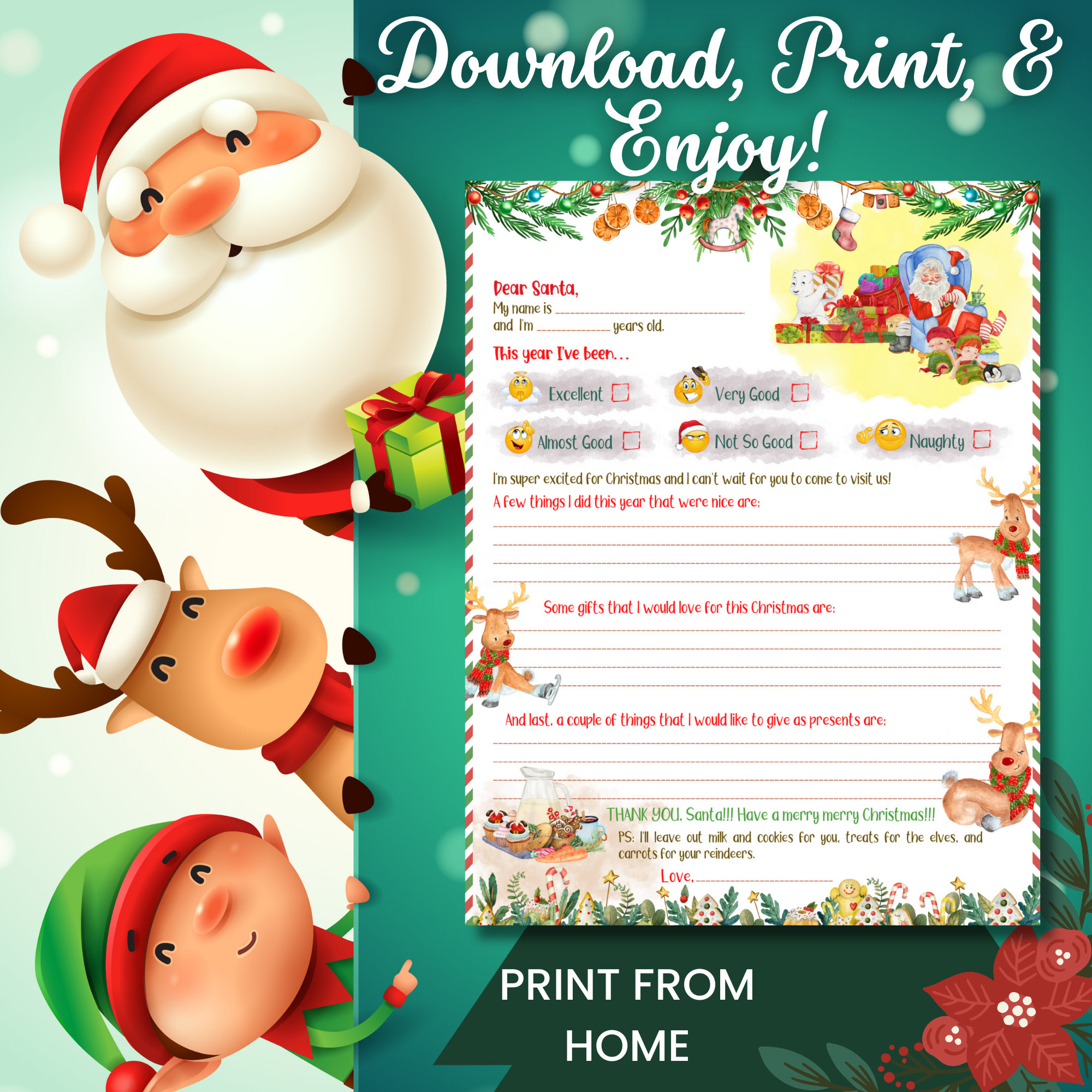 Letter to Santa Printable: Kid's Christmas Wish List (digital