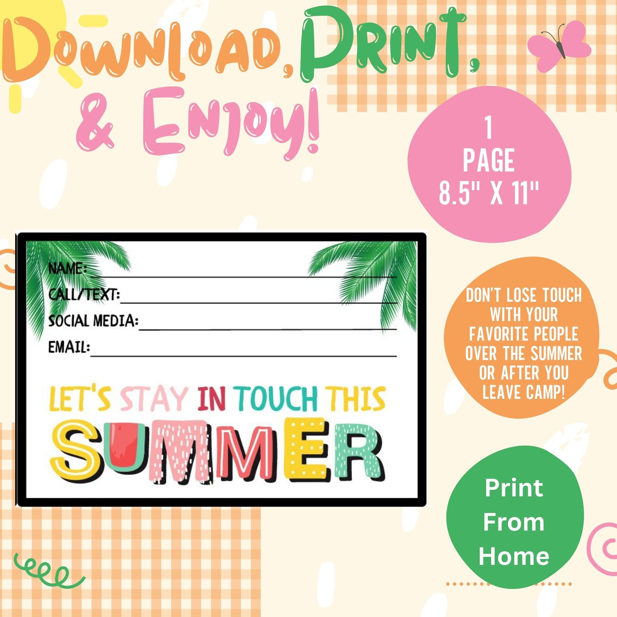 Printable Summer Contact Card, Kids Summer Contact Card, Play Date ...