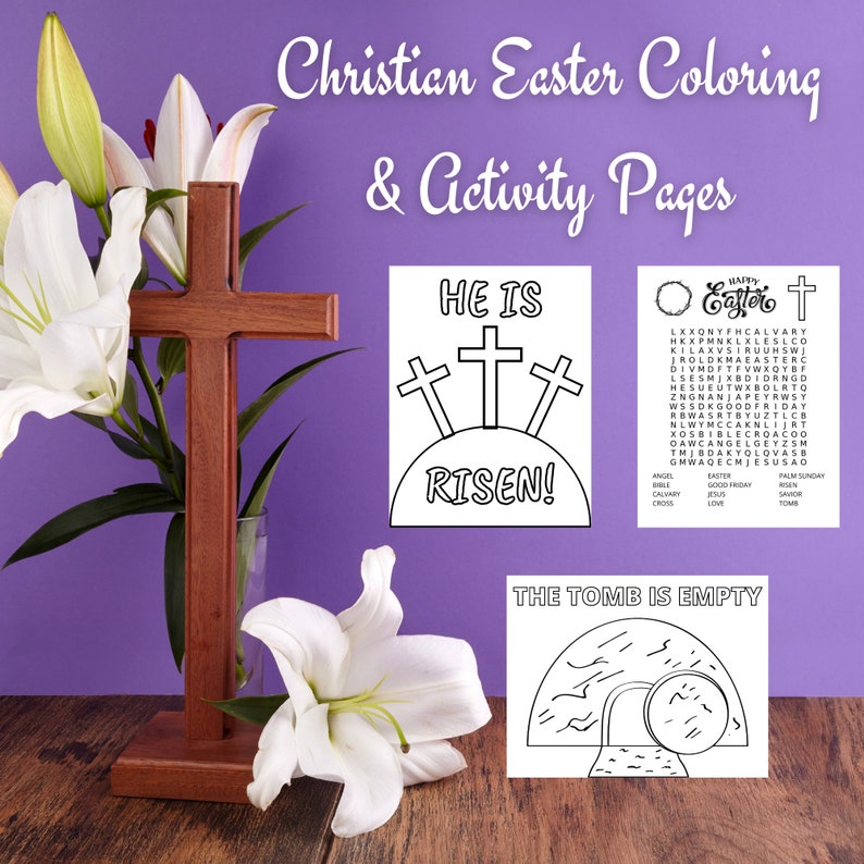 May include: A printable Christian Easter colouring and activity page set. The pages feature a word search puzzle with the words "Happy Easter", a colouring page with the text "He is Risen!" and a colouring page with the text "The Tomb is Empty".