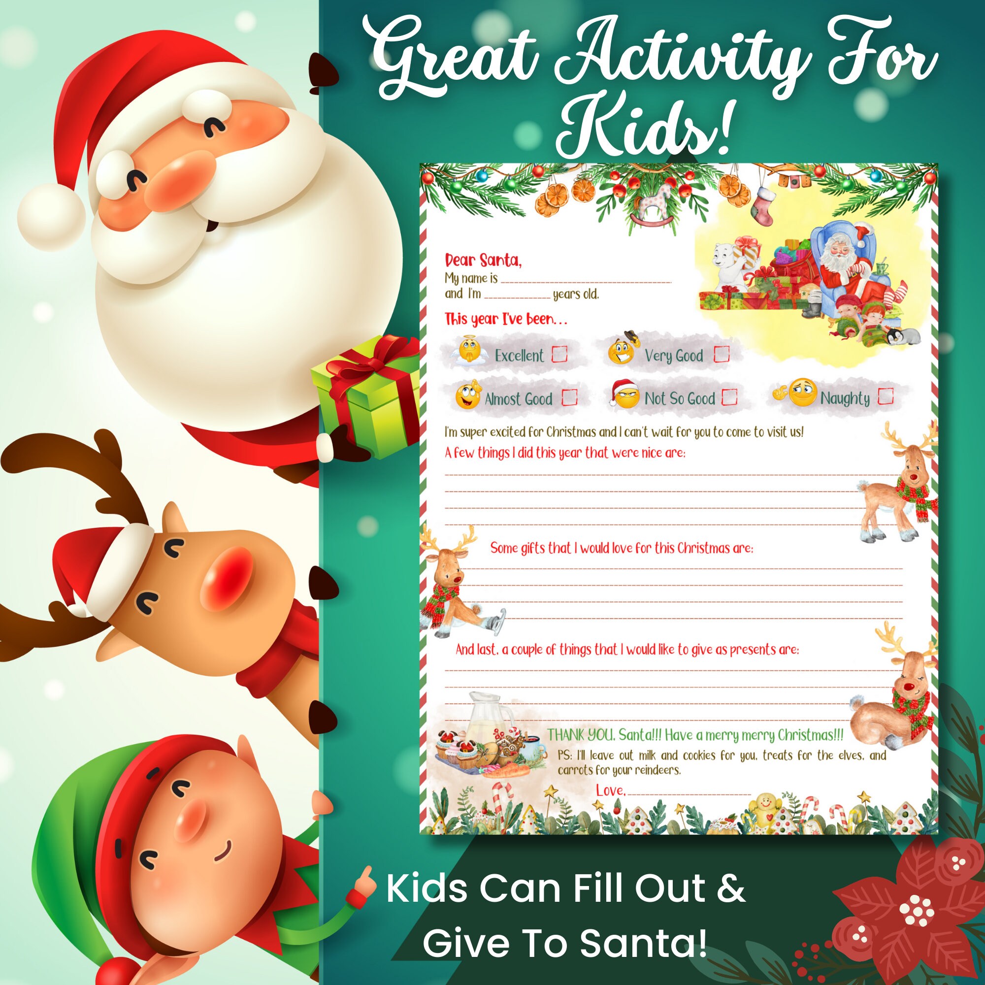 Letter to Santa Printable: Kid's Christmas Wish List (digital
