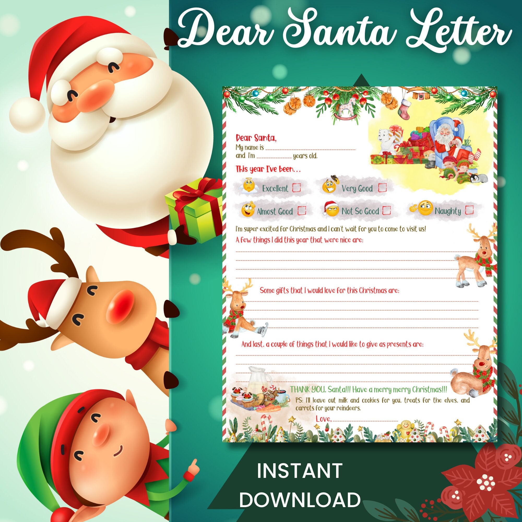 Letter to Santa Printable: Kid's Christmas Wish List (digital