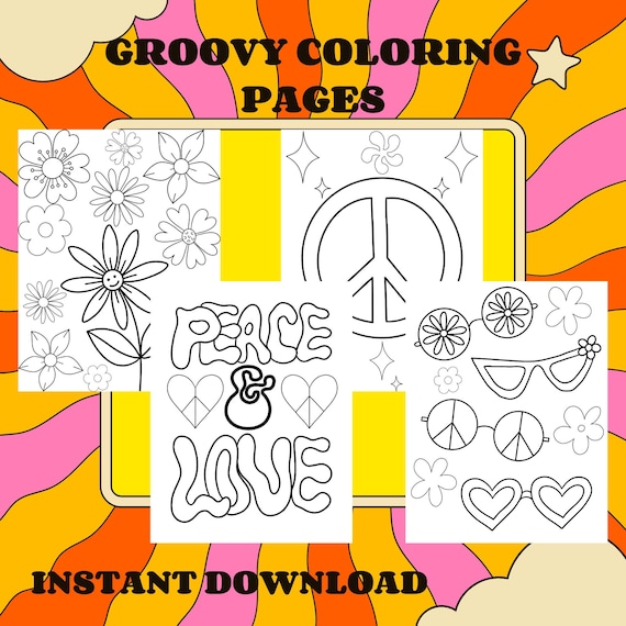 Groovy digital coloring pages set. Hippie coloring book in vintage