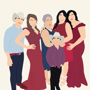 May include: A group of six people, including a young boy, are standing together. The women are wearing red dresses, and the men are wearing blue shirts and jeans. The boy is wearing a purple shirt, black trousers, and a cowboy hat.