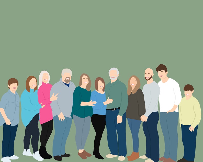 May include: A group of 10 people, 5 women and 5 men, are standing together in a line. They are all smiling and looking at the camera. The people are wearing a variety of casual clothing, including jeans, shirts, and sweaters. The background is a solid green colour.