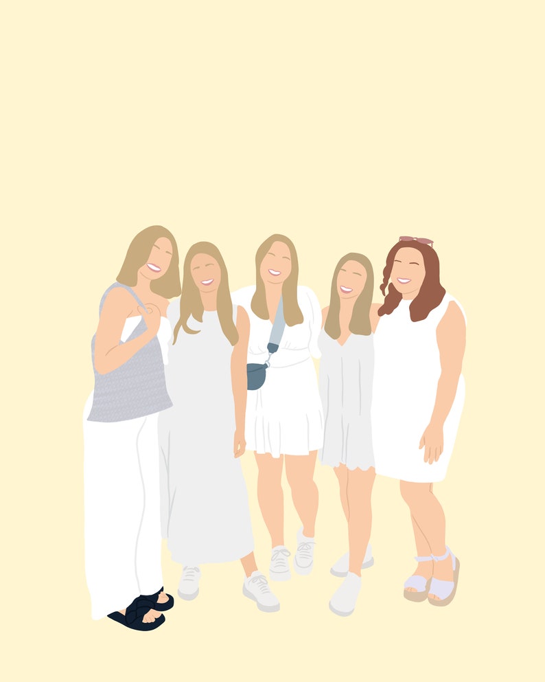 May include: Five women wearing white dresses and smiling. The woman on the left is wearing a light grey top and white trousers. The woman on the right is wearing a white dress with a brown belt.