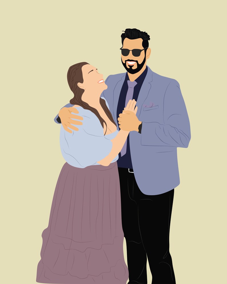 May include: A couple are smiling and looking at each other. The man is wearing a light blue blazer, a dark tie, and sunglasses. The woman is wearing a light blue blouse and a purple skirt.