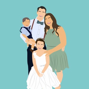 May include: A family portrait featuring a man, woman, and two children. The man is wearing a white shirt with a bow tie and braces. The woman is wearing a green dress. The children are wearing casual clothing. The family are smiling and standing together.