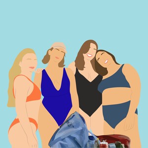 May include: Four friends in swimsuits pose together for a photo. They are all smiling and laughing. One friend is wearing a blue swimsuit, another is wearing a black swimsuit, another is wearing an orange bikini, and the last friend is wearing a blue bikini top and matching bottoms. They are standing in front of a blue background.