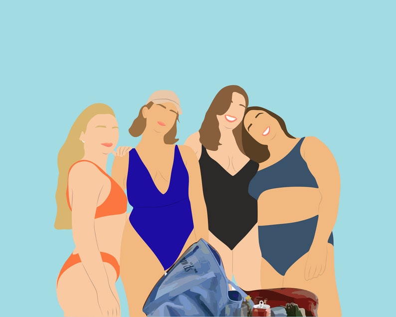 May include: Four friends in swimsuits pose together for a photo. They are all smiling and laughing. One friend is wearing a blue swimsuit, another is wearing a black swimsuit, another is wearing an orange bikini, and the last friend is wearing a blue bikini top and matching bottoms. They are standing in front of a blue background.