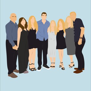 May include: A group of eight people standing together, smiling. The people are wearing casual clothing, including a blue shirt, a black dress, and a grey dress. The group is standing in front of a light blue background.