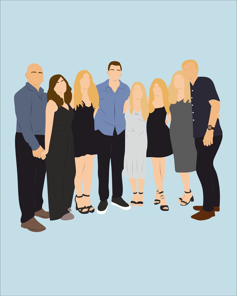 May include: A group of eight people standing together, smiling. The people are wearing casual clothing, including a blue shirt, a black dress, and a grey dress. The group is standing in front of a light blue background.