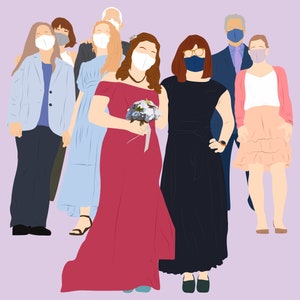 May include: A group of people wearing face masks, standing together. The person in the centre is wearing a red dress and holding a bouquet of flowers. The people on either side of them are wearing blue dresses. The people at the back are wearing suits and dresses.