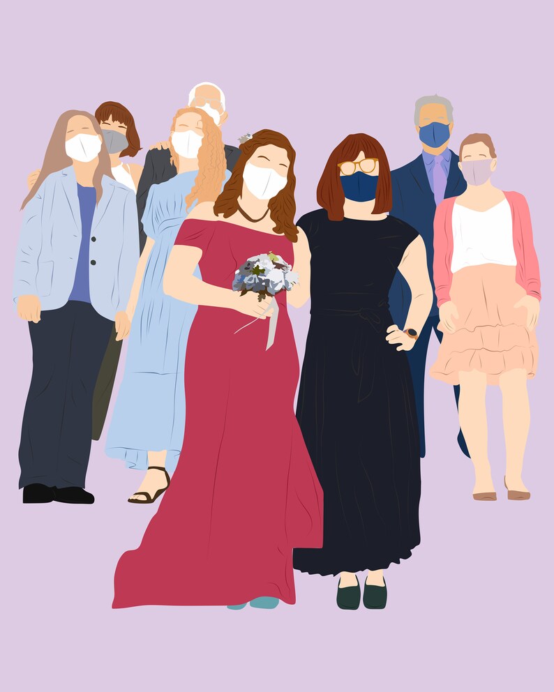 May include: A group of people wearing face masks, standing together. The person in the centre is wearing a red dress and holding a bouquet of flowers. The people on either side of them are wearing blue dresses. The people at the back are wearing suits and dresses.