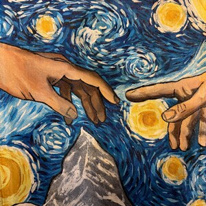 May include: A painting of two hands reaching towards each other, set against a swirling blue and yellow background reminiscent of Vincent van Gogh's "Starry Night".