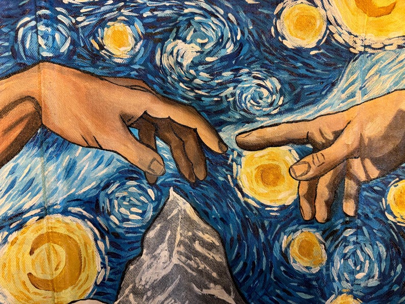 May include: A painting of two hands reaching towards each other, set against a swirling blue and yellow background reminiscent of Vincent van Gogh's "Starry Night".