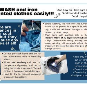 May include: A guide on how to wash and iron hand-painted clothes. The guide includes tips on pre-soaking, hand washing, ironing, and using a laundry bag. The guide also includes images of a washing machine, a hand holding a piece of clothing, and a piece of clothing with a painted design.