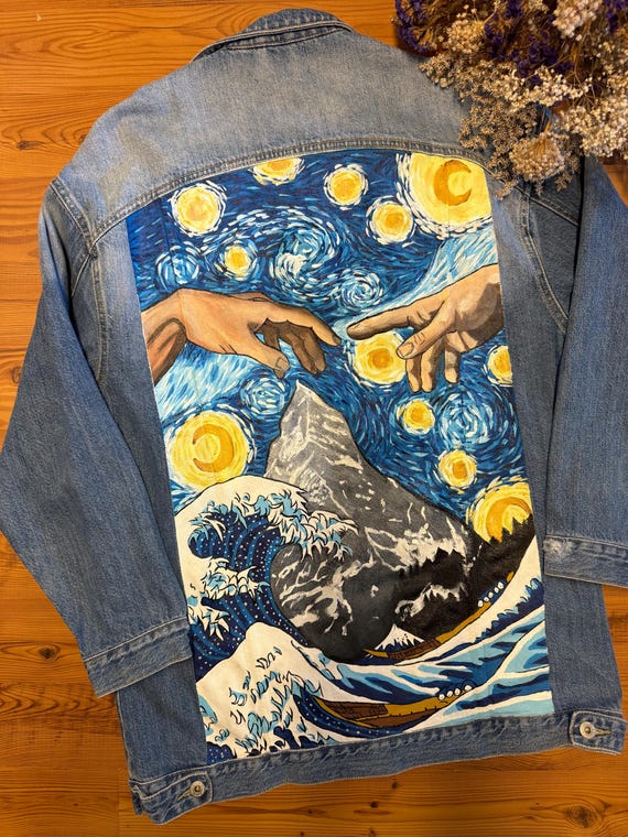 Hand-Painted Denim Jacket, Unique Eco-Friendly Fashion Custom Painted Jacket, Personalized Handcrafted Jacket Gift for Her Sister Girlfriend